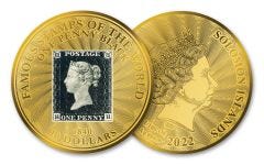 2022 Solomon Islands $10 1/100th-oz Gold Famous Stamps Penny Black Proof-Like