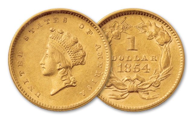 1854-1856 1 Dollar Gold Indian Type II BU | GovMint.com