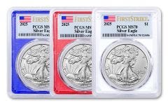 3PC 2025 $1 1-OZ SILVER EAGLE PCGS MS 70 FS RED/WHITE/BLUE FRAMES FLAG LABEL