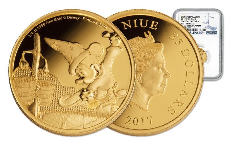 2017 Niue 25 Dollar 1/4-oz Gold Disney Mickey Fantasia NGC PF69UCAM First Releases