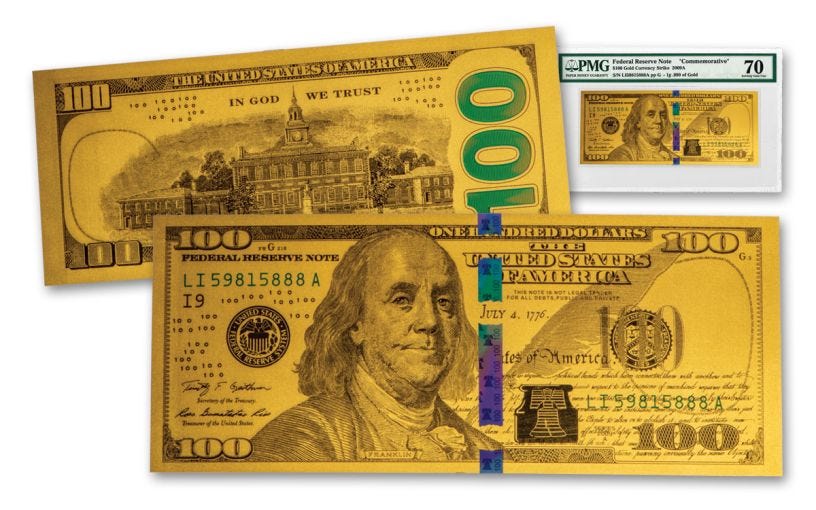 $100 1-Gram 24-Karat Gold Benjamin Franklin Replica Currency Note PMG 70