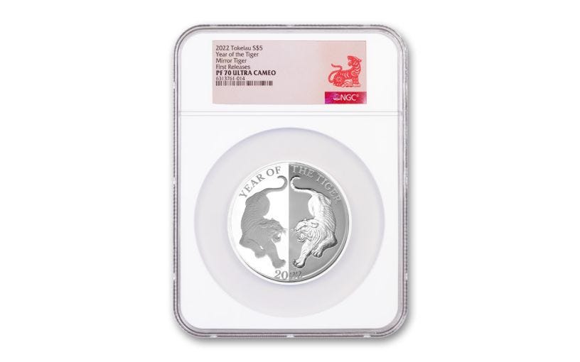 2022 Tokelau $5 1-oz Silver Year of the Tiger Mirror Proof NGC PF70 First Releases w/Tiger Label