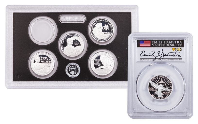 2022-S American Women Quarters Silver Proof Set w/Damstra-Signed Maya Angelou Quarter PCGS PR70 First Day of Issue