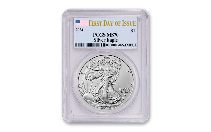 2024 $1 1 oz American Silver Eagle PCGS MS70 First Day of Issue Flag Label