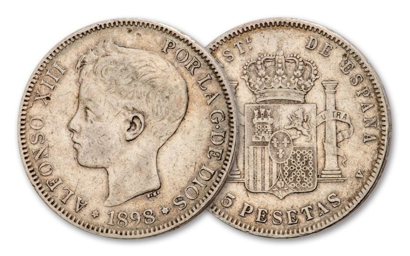 Spain 1896-1899 5 Pesetas Silver Teenager F-VF