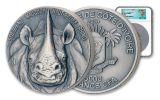 2019 Ivory Coast 5000 Francs 5-oz Silver Rhino Ultra High Relief Antiqued NGC MS70 First Releases