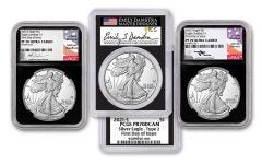 2021-S $1 1-oz Silver Eagle Type 2 Proof NGC-PCGS PF70UC-PR70DCAM First Day of Issue 3-pc Set w/Black Core & Gaudioso, Damstra & Mercanti Signatures