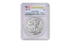 2021-W $1 1-oz Type 2 Burnished Silver Eagle PCGS MS69 First Strikes w/Flag Label 