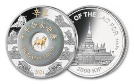 2021 Laos 2000 Kip 2-oz Silver Lunar Ox Proof w/Jade Ring & Gold