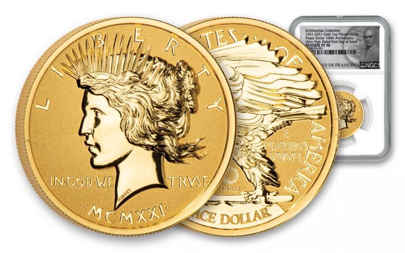 2021 Smithsonian 1-oz Gold Peace Dollar Uhr Reverse Proof Ngc Pf70uc 