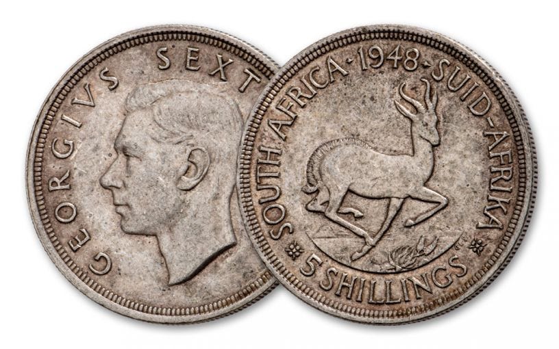 1948–1950 South Africa 5 Shillings Springbok VF-XF | GovMint.com