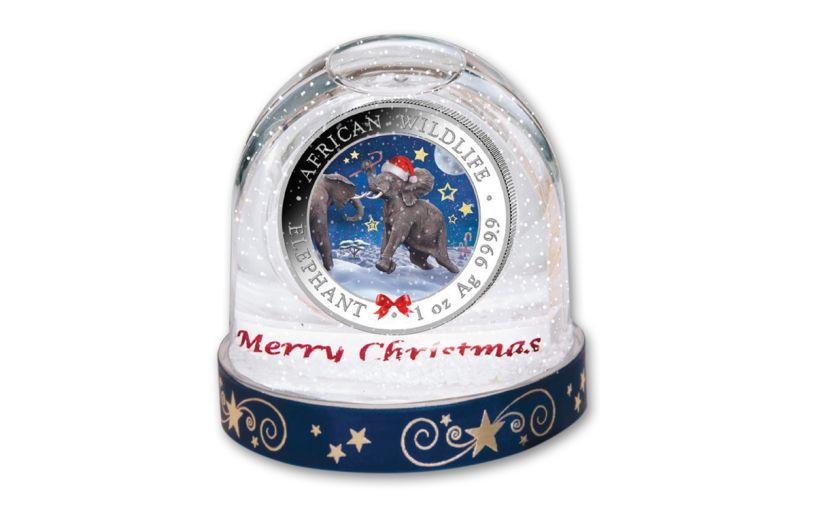 2024 Somalia 100 Shillings 1oz Silver Elephant Christmas Snow Globe