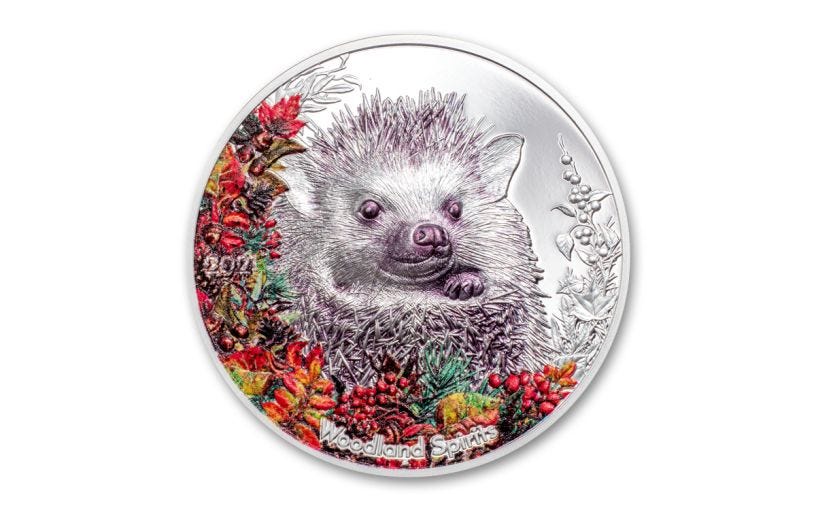 2021 Mongolia 1-oz Silver Woodland Spirits Hedgehog High Relief Colorized Gem Proof