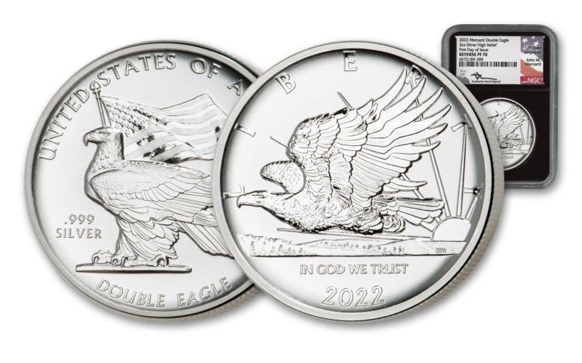 2022 Mercanti Double Eagle HR 2oz Silver Reverse Proof NGC PF70 FDI Black Core Mercanti Flag Signed Label