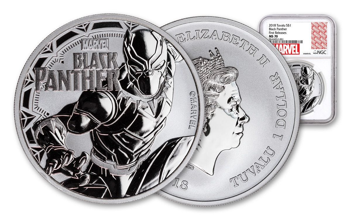 2018 1-oz Silver Black Panther Coin NGC MS70 FR Marvel Label | GovMint.com