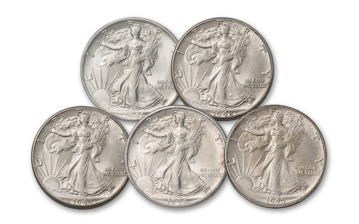 1941–1945 Silver Walking Liberty Half Dollar 5-Coin Set BU | GovMint.com