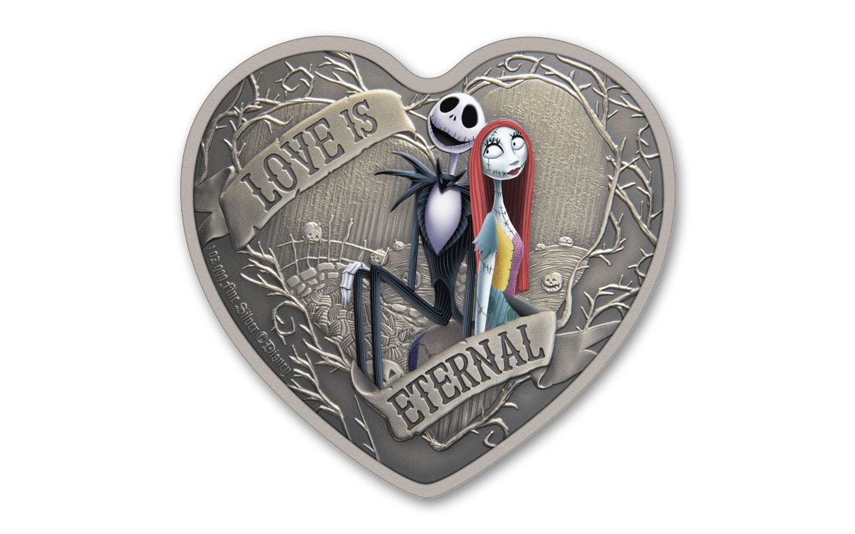 2021 Niue $2 1-oz Silver Disney The Nightmare Before Christmas Love is  Eternal Heart-Shaped Antiqued & Colorized Gem BU | GovMint.com