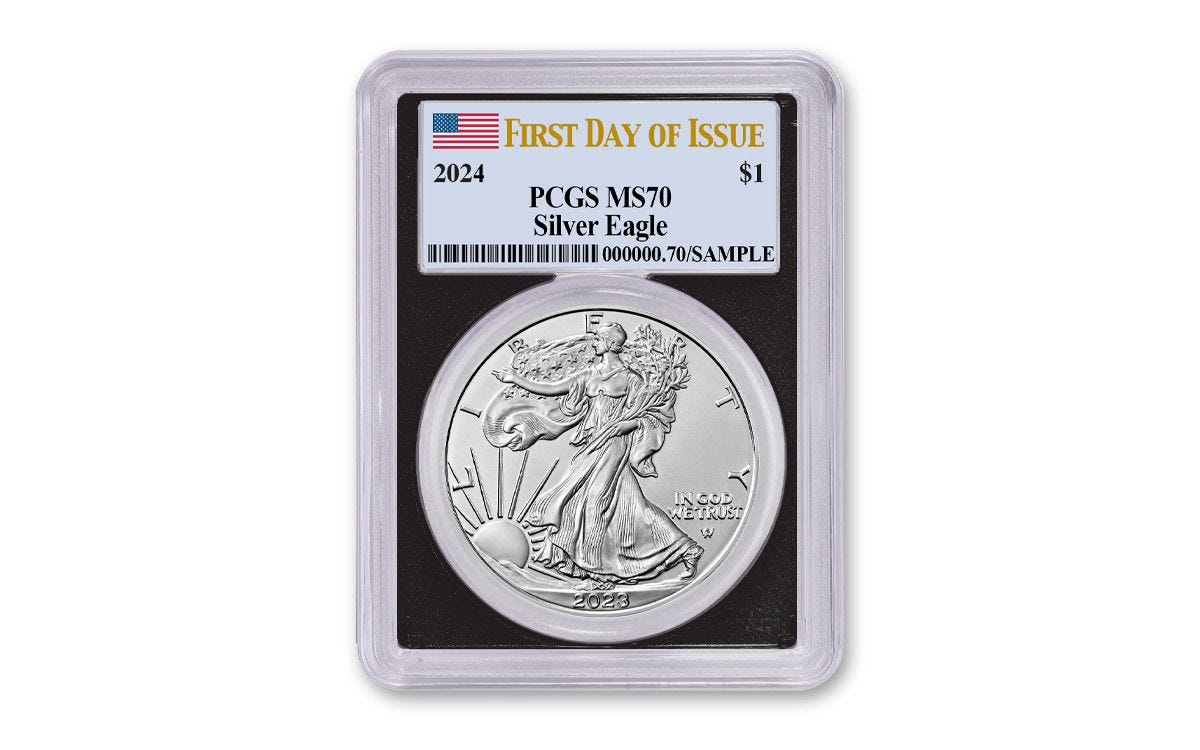 2024 $1 1-oz Silver Eagle PCGS MS70 First Day of Issue w/Black Frame & Flag  Label