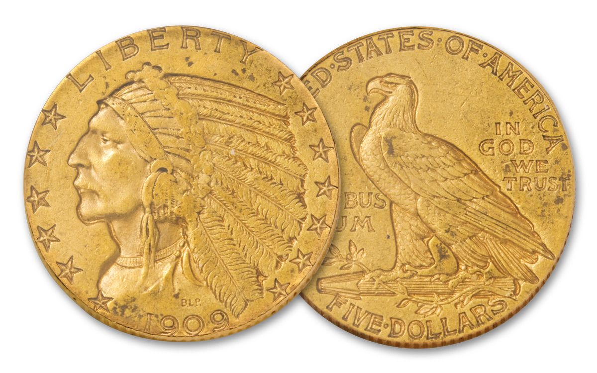 1908 1929 5 Gold Indian XF GovMint