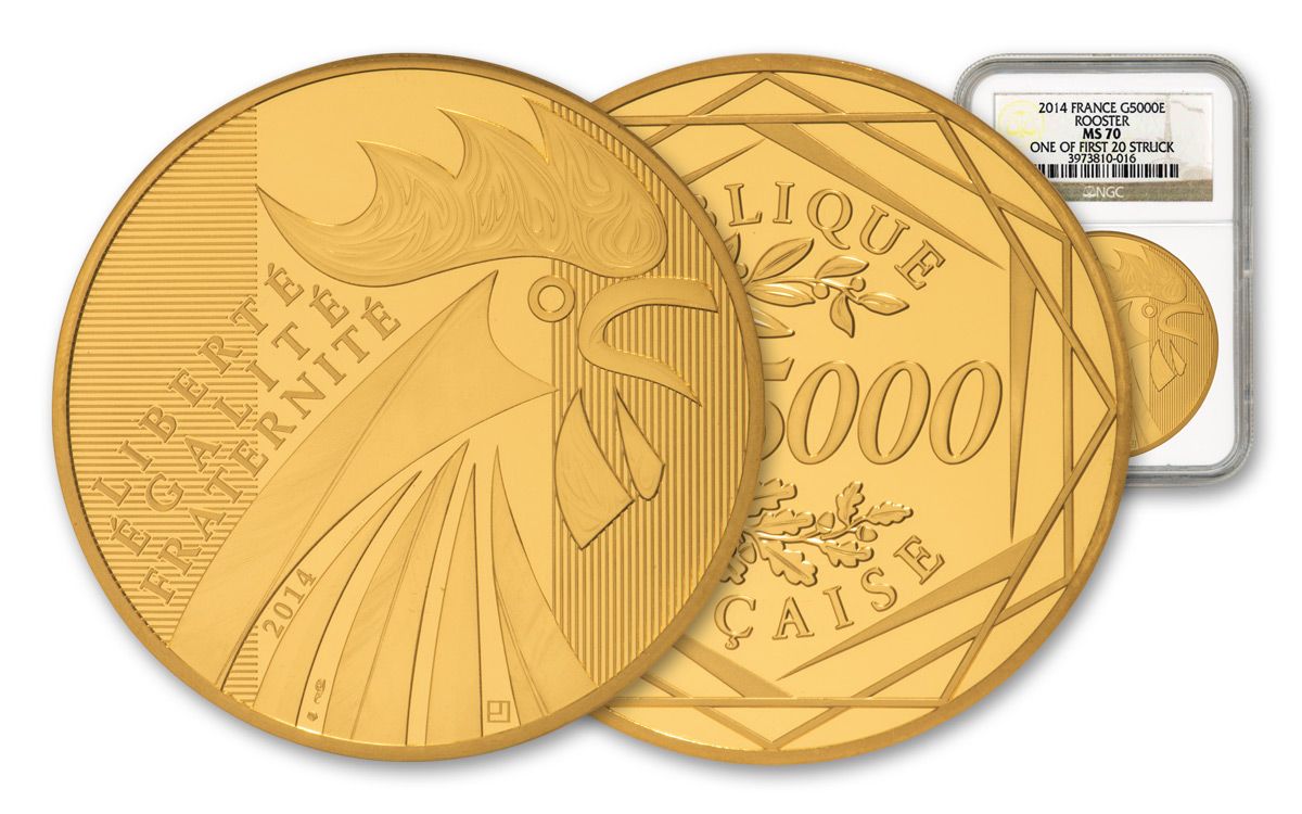 2014 France 100-gm Gold Rooster NGC MS70 1 of First 20 Struck | GovMint.com