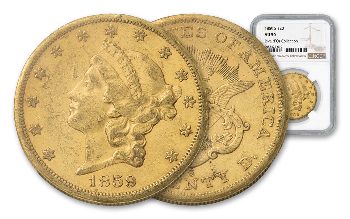 1859-S US $20 Gold Liberty Double Eagle Rive d'Or NGC AU50 | GovMint.com