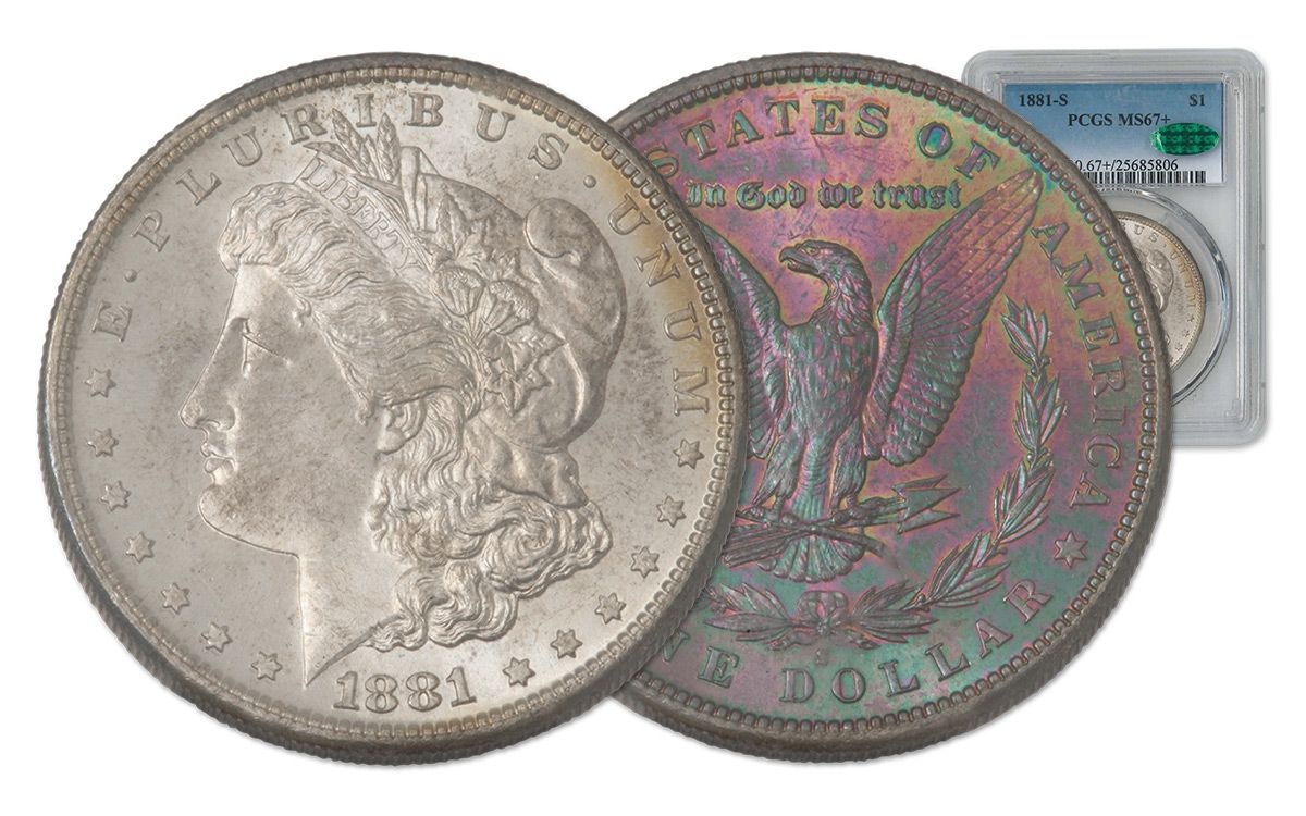 1881-S US Morgan Silver Dollar Rainbow Toned PCGS MS67+ Coin | GovMint.com