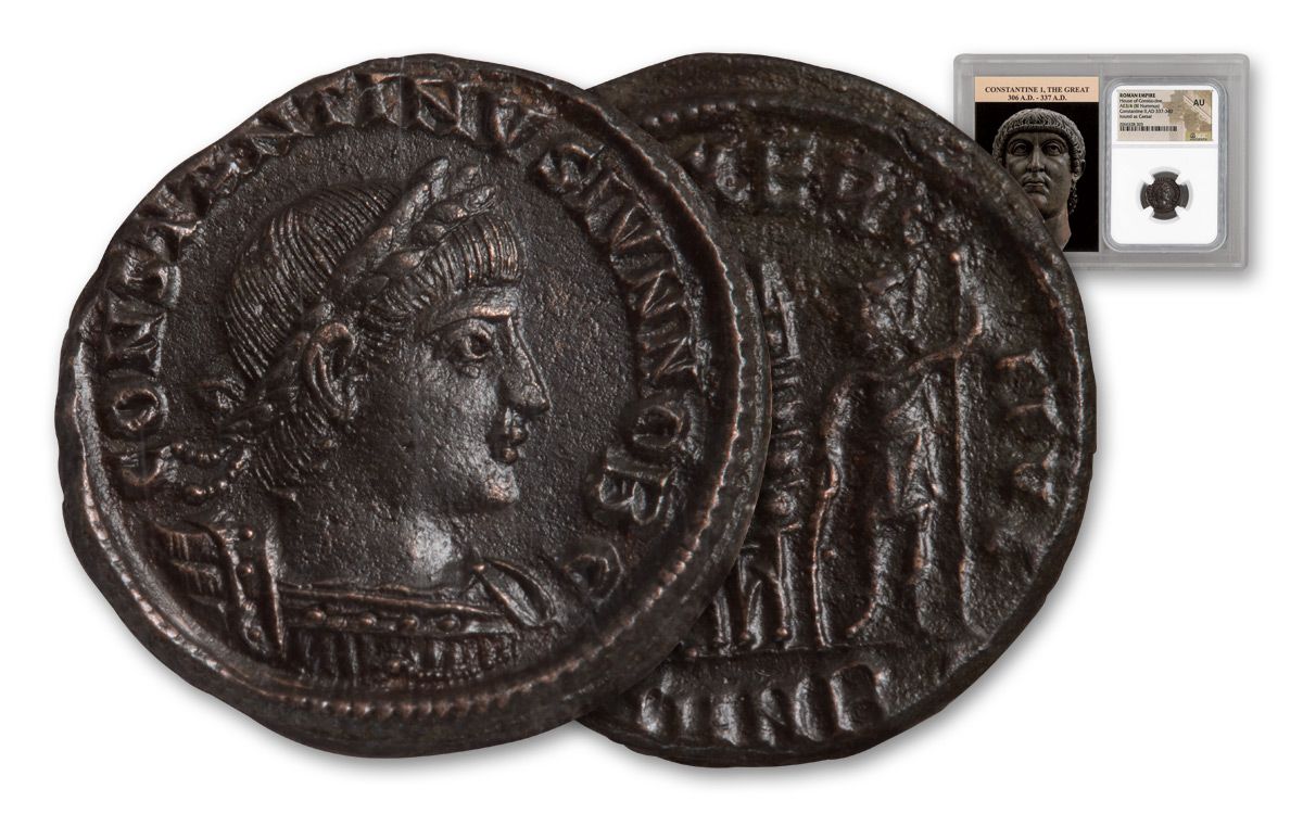 337-340 AD Roman Bronze Constantine II coin NGC AU | GovMint.com
