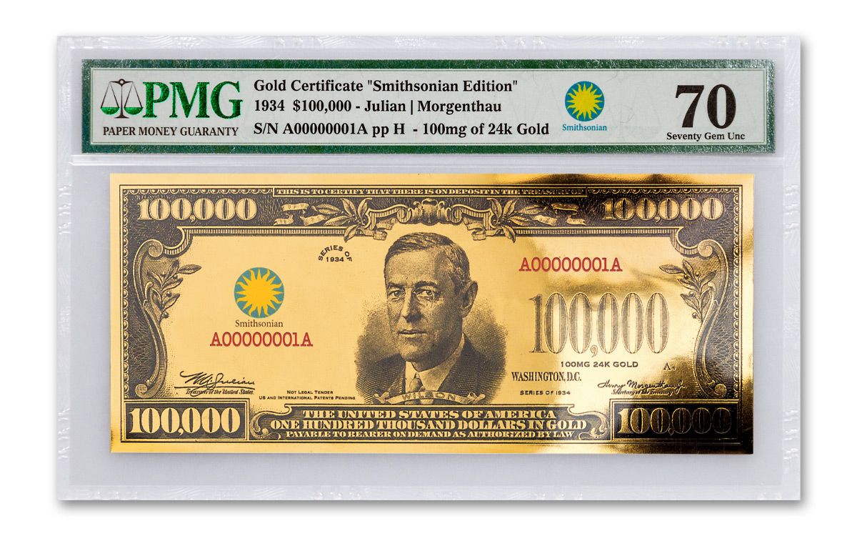 1934 $100,000 Gold Certificate Currency Strike PMG 70