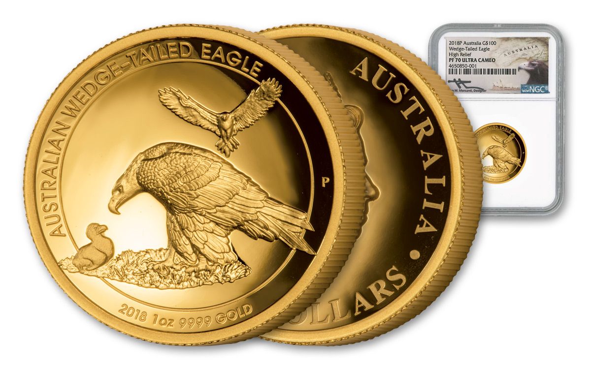 2018 1-oz Gold Wedge-Tailed Eagle HR Proof PF70 UC Mercanti 