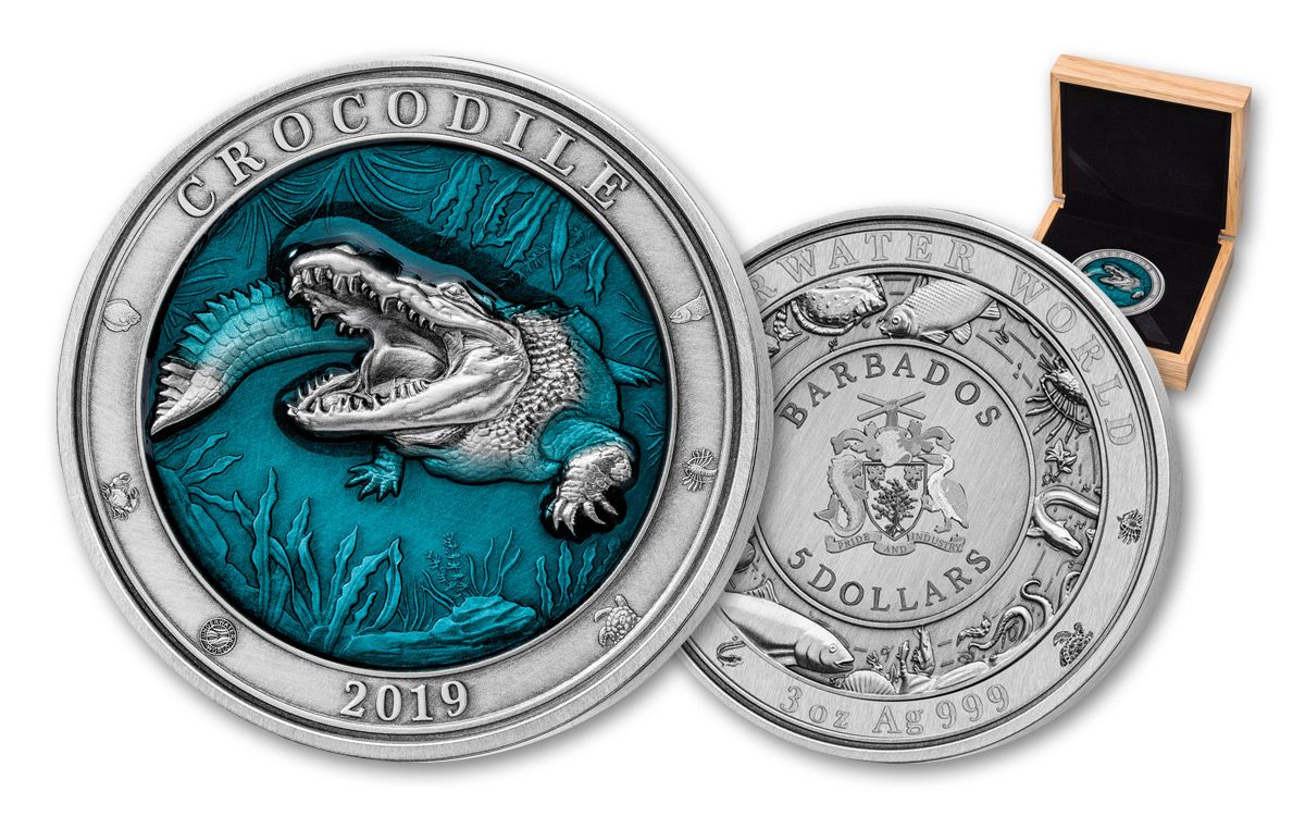 2019 Barbados $5 3-oz Silver Crocodile Antiqued Coin Underwater World  Series | GovMint.com