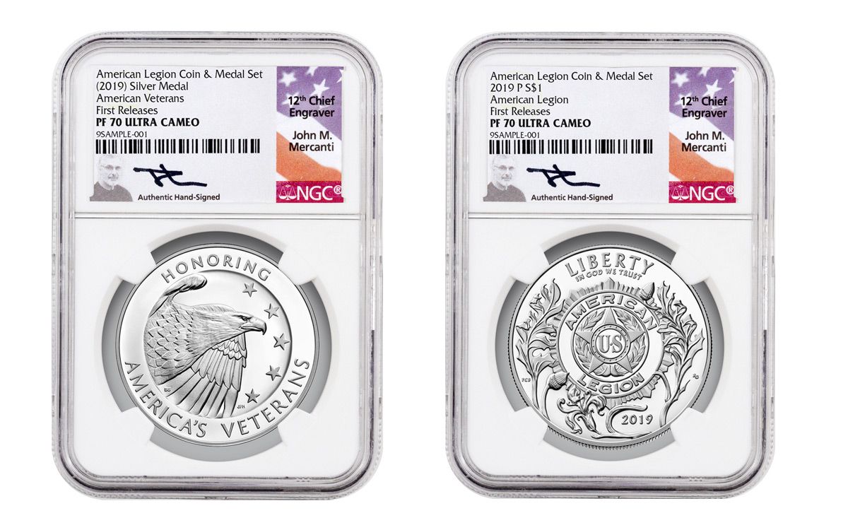 2019-P American Legion 100th Anniversary Silver Dollar Proof & Medal  2-Piece Set NGC PF70 FR Black Core Mercanti Signed Label | GovMint.com