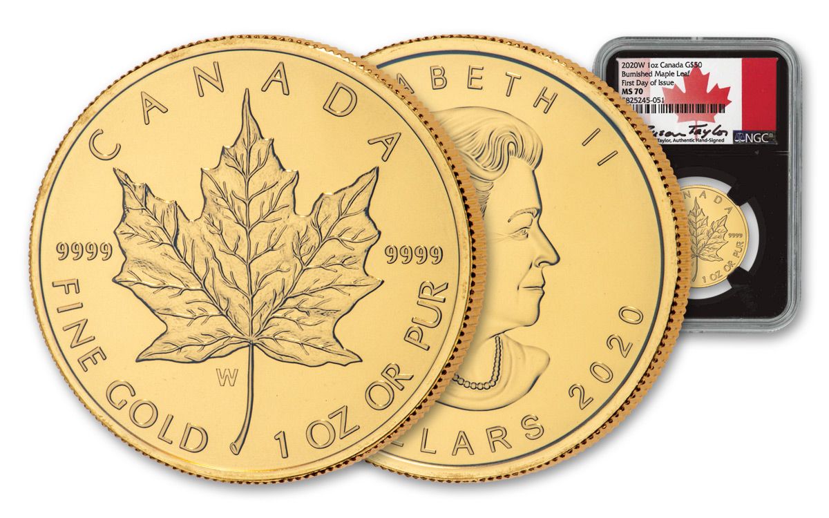 2020-W Canada $50 1-oz Gold Burnished Maple Leaf NGC MS70 First Day of  Issue w/Black Core & Taylor Signature | GovMint.com