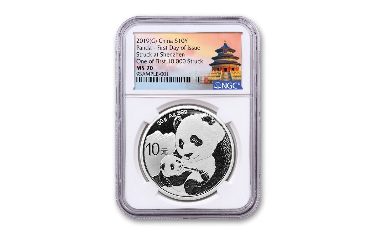 2019 China 30-gm Silver Panda NGC MS70 First Day of Issue w/Shenzhen Mint  Identification Label