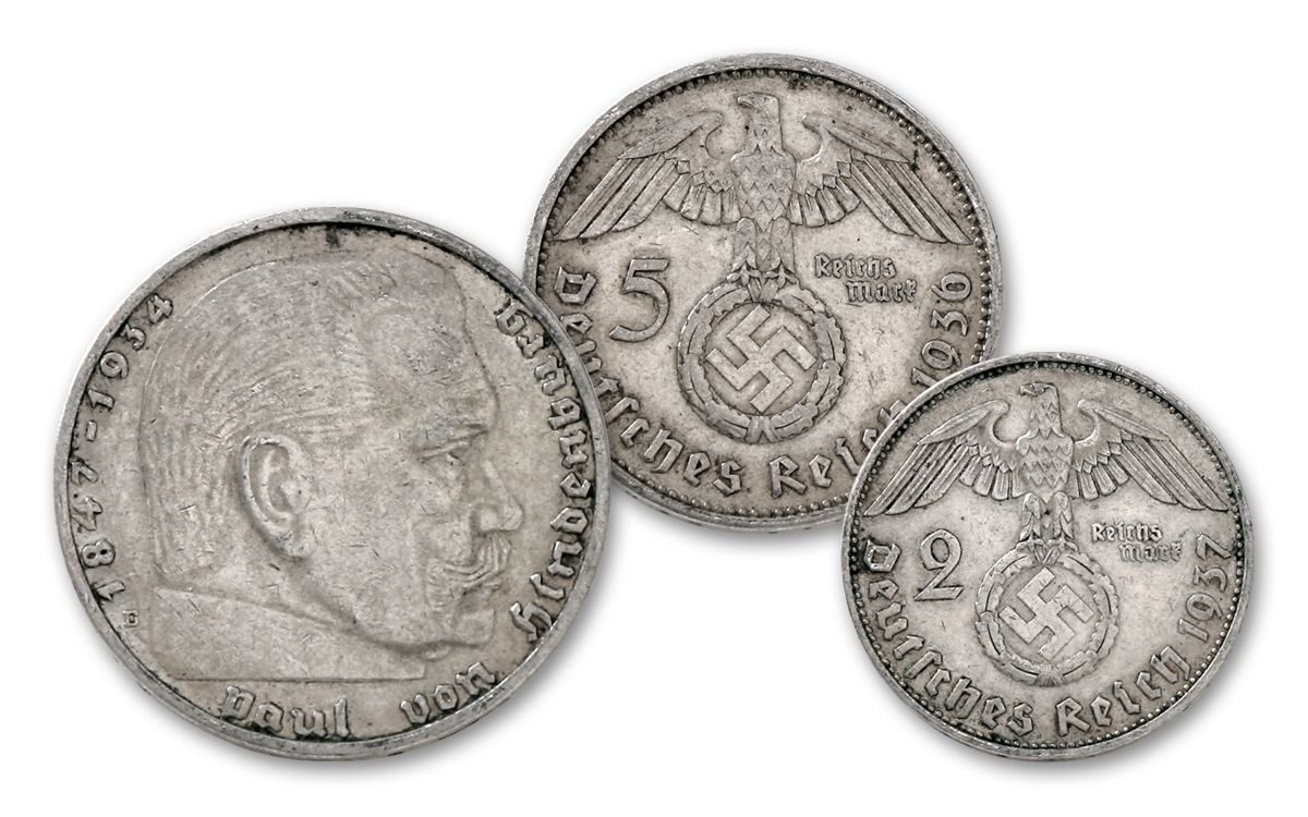 1936–1939 Nazi Germany Hindenburg 2 & 5 Silver Reichsmark 2-pc Set XF |  GovMint.com