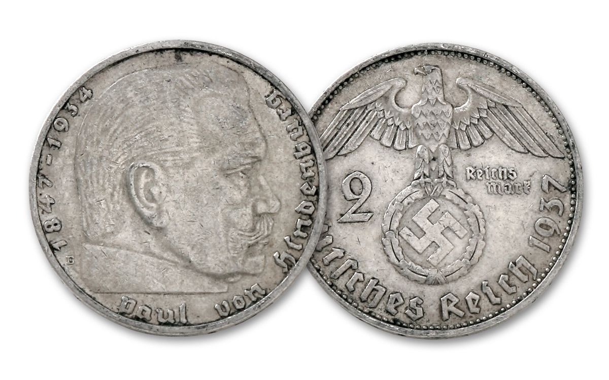 1936–1939 Nazi Germany Hindenburg 2 & 5 Silver Reichsmark 2-pc Set XF |  GovMint.com