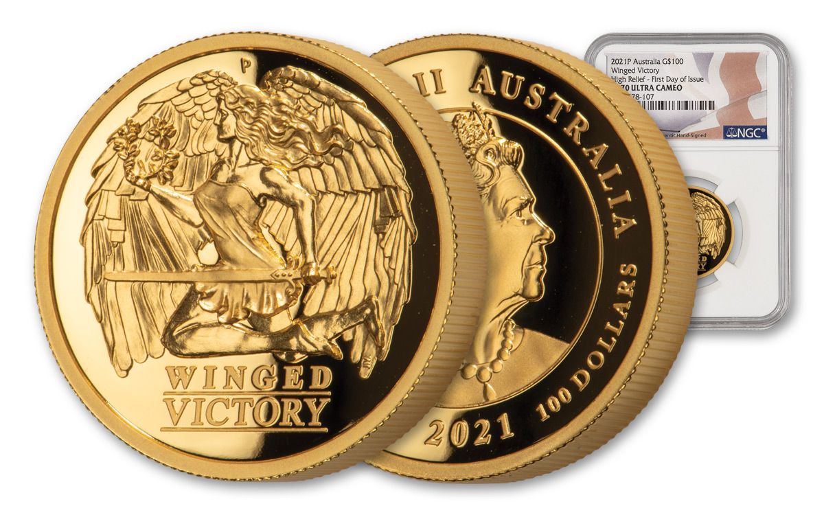 2021 Australia $100 1-oz Gold Winged Victory High Relief NGC PF70UC FDI  w/Flag Label & Mercanti Signature | GovMint.com