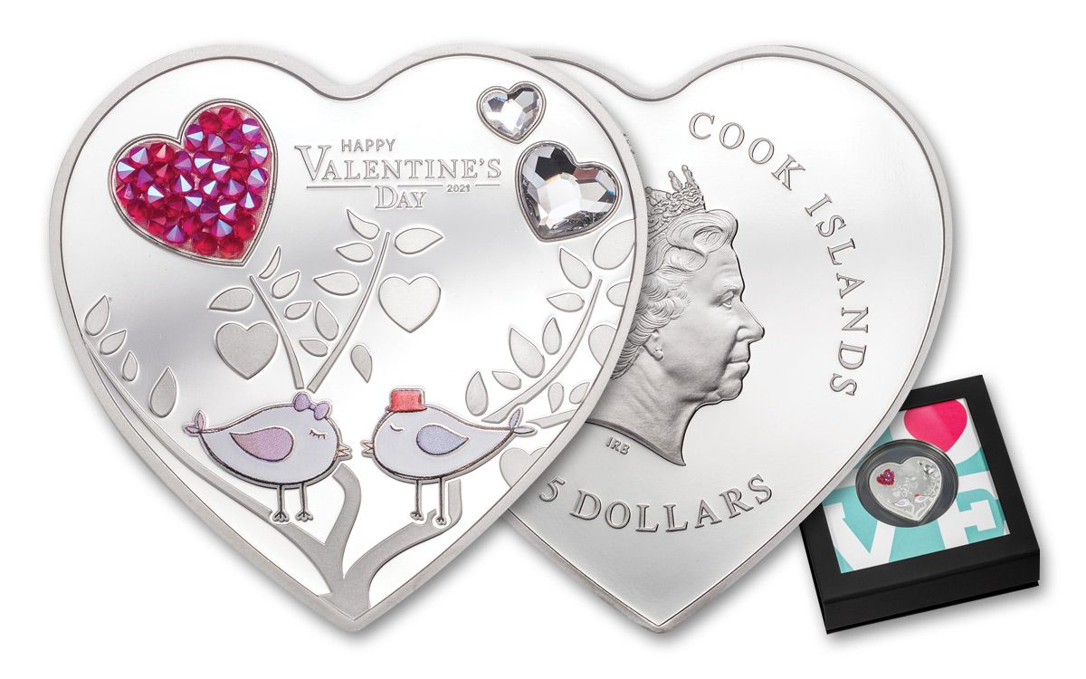 2021 Cook Islands $5 20-gm Silver Happy Valentine's Day Colorized Gem Proof  w/Swarovski Crystals | GovMint.com