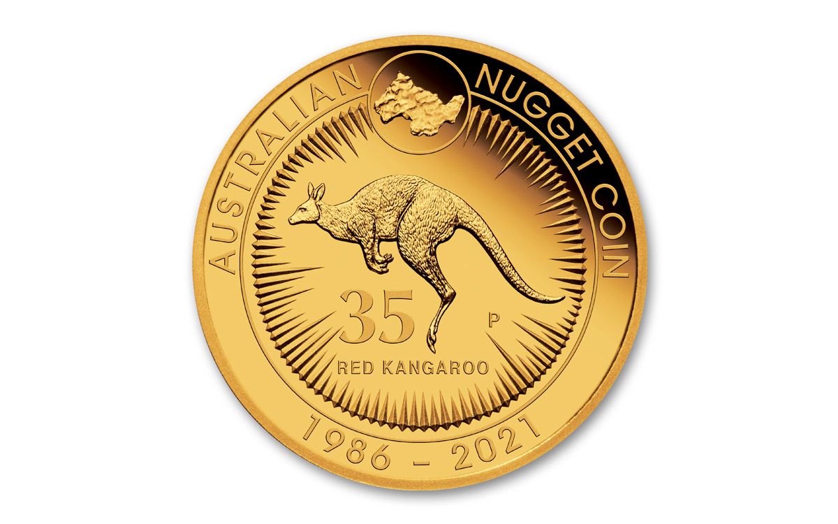 2021 Australia $25 1/4-oz Gold 35th Anniversary Kangaroo Nugget Proof |  GovMint.com