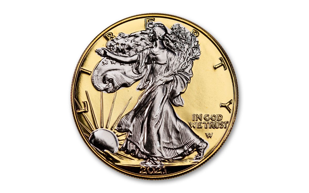 2021 $1 1-oz T2 Silver Eagle BU w/24-Kt Gold Clad Background| GovMint.com