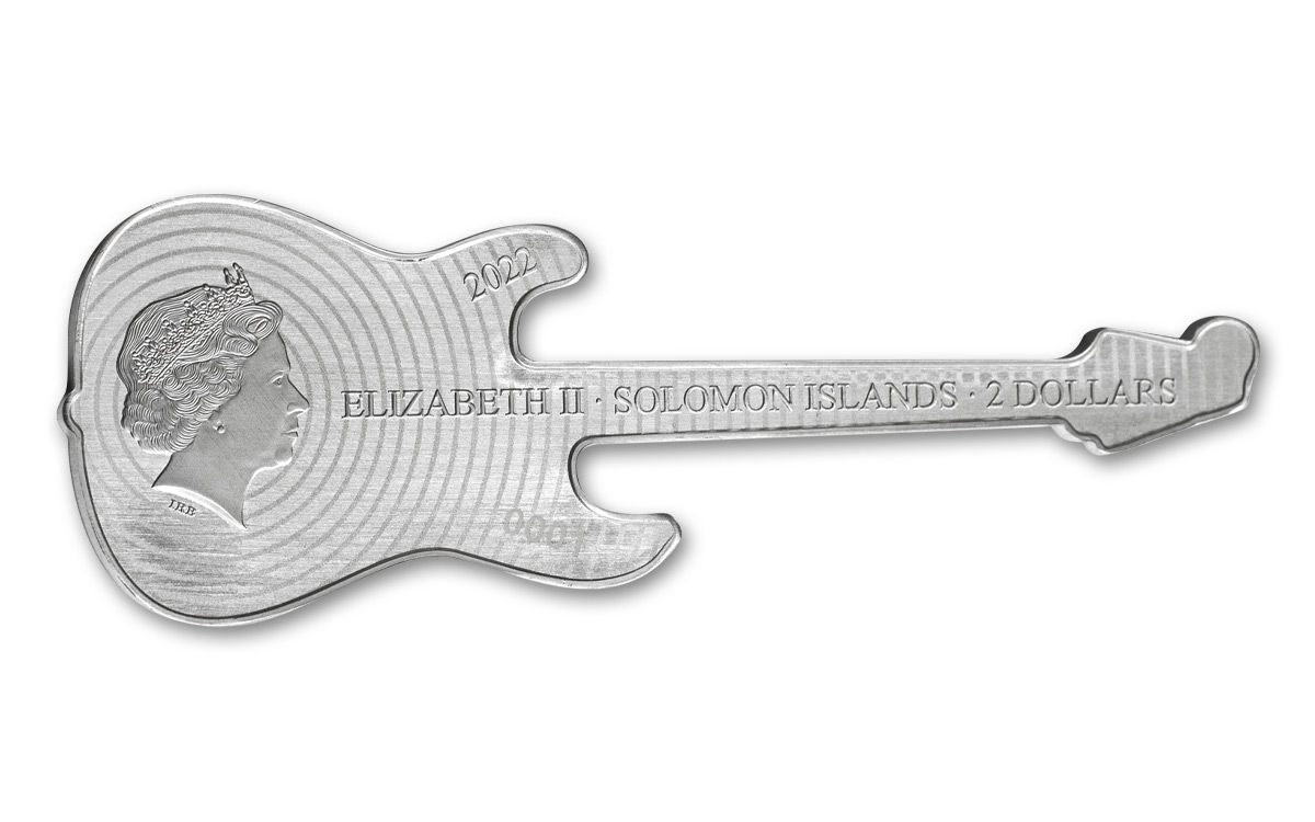 2022 Solomon Islands $2 1-oz Silver Fender® Stratocaster® Guitar Shaped  Fiesta Red Colorized Reverse Proof | GovMint.com