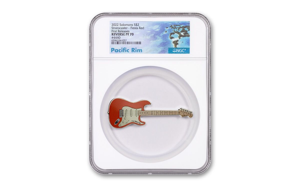 2022 Solomon Islands $2 1-oz Silver Fender® Stratocaster® Guitar Shaped  Fiesta Red Colorized Reverse Proof NGC PF70 NGC PF70 First Releases  w/Pacific Rim Label | GovMint.com