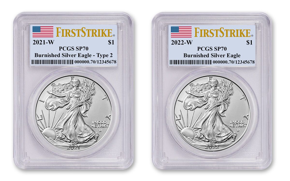 2021–2022-W $1 1-oz Type 2 Burnished Silver Eagle 2-pc Set PCGS