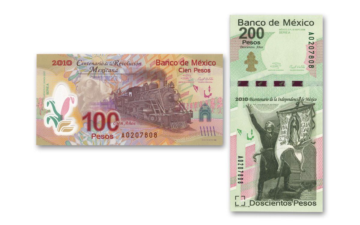 2010 Mexico 100 & 200 Pesos Bank Notes 2-pc Set Gem Unc | GovMint.com