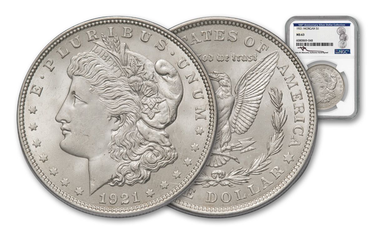 1921-P Morgan Silver Dollar NGC MS63 w/Morgan 100th Anniversary