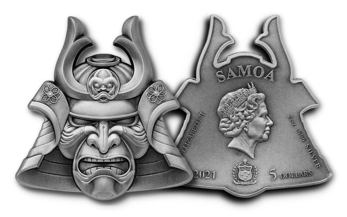 2021 Samoa $5 2-oz Silver Samurai Mask Antiqued Coin BU