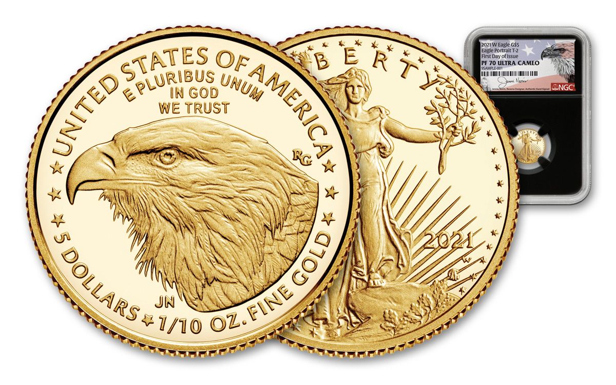 2021-W $5 1/10-oz Gold Eagle Type 2 Proof NGC PF70UC FDI w/Black