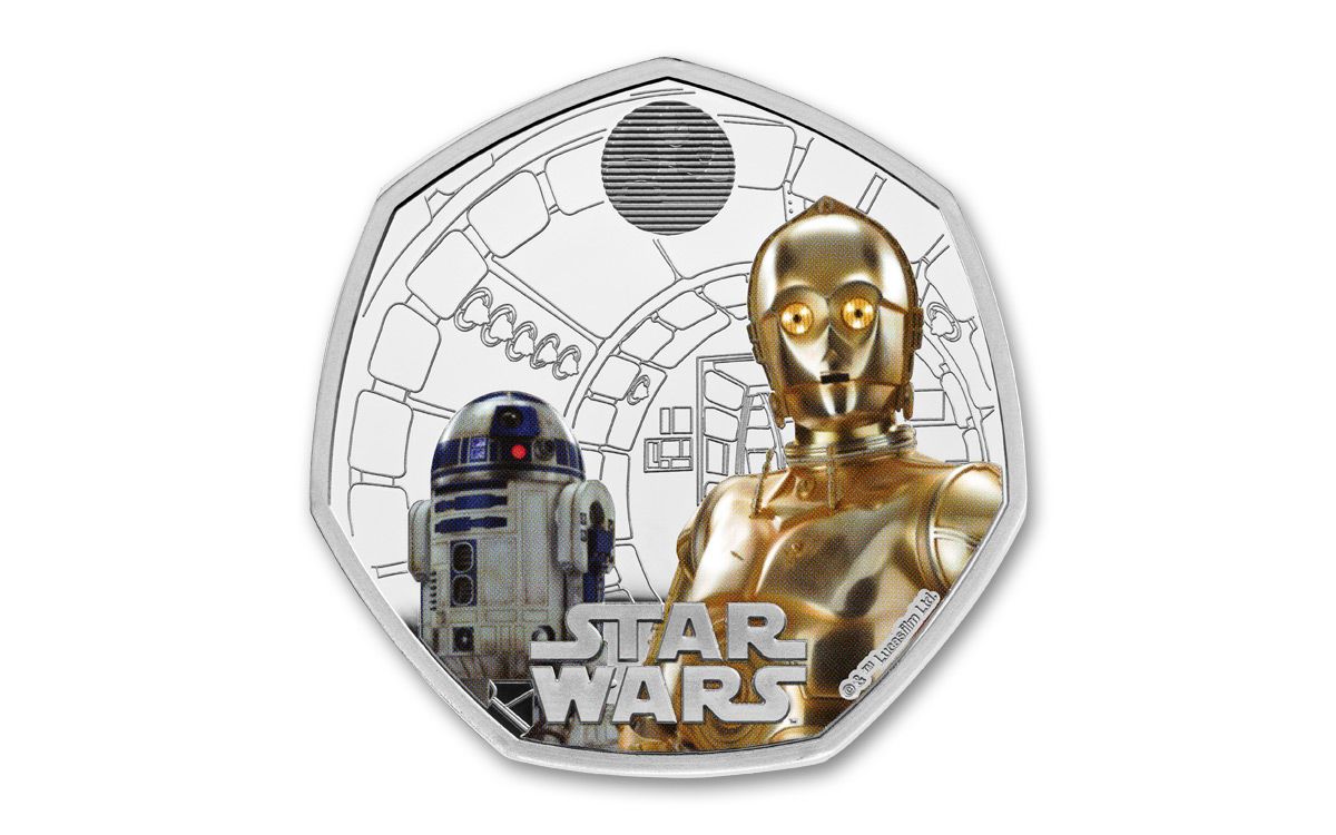 2023 Great Britain 50p 8-gm Silver Star Wars R2-D2 and C3PO Colorized Proof