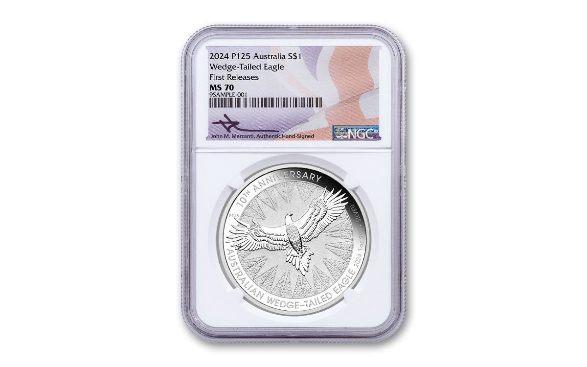 2024 Australia $1 1-oz Silver Wedge Tailed Eagle NGC MS70 First Releases  w/Flag Label & Mercanti Signature