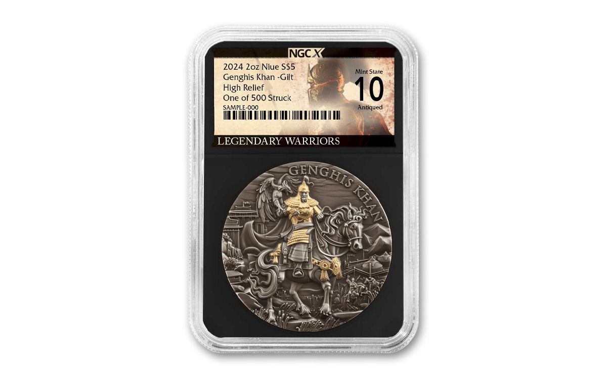 2024 Niue $5 2-oz Silver Genghis Khan High Relief Antiqued Gold Gilded NGCX  MS10 w/Legendary Warriors Label