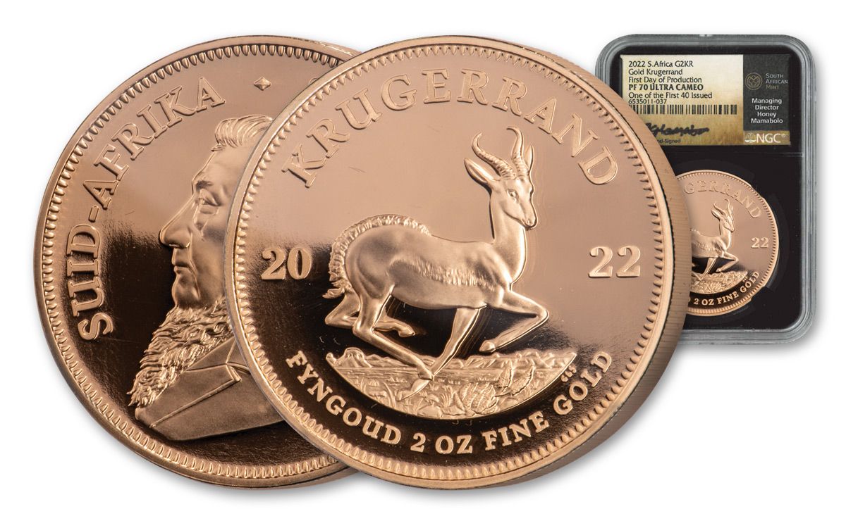 2022 South Africa 2-oz Gold Krugerrand Proof NGC PF70UC FDP 1 of First 40  issued w/Black Core & Honey Signature | GovMint.com